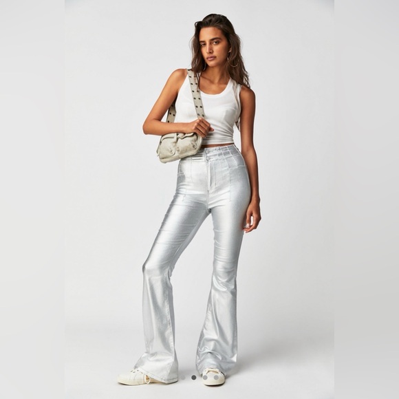 We The Free Jayde Metallic Flare Jeans Disco Ball Silver Size 29 - Picture 3 of 6